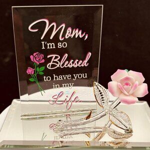I’m Blessed Mom Pink Rose Glass Figurine Mother Gift Decor  ✔ Still keyword-rich
